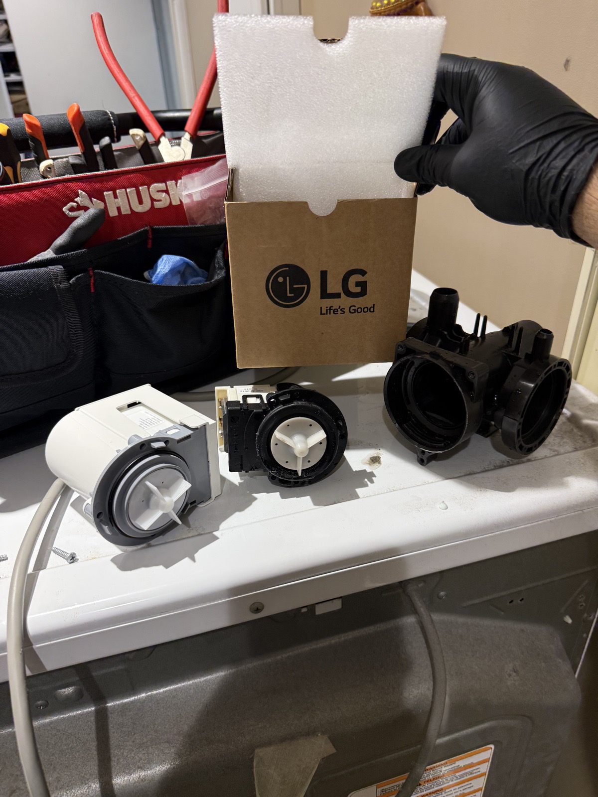 Washer drain pump, old and new